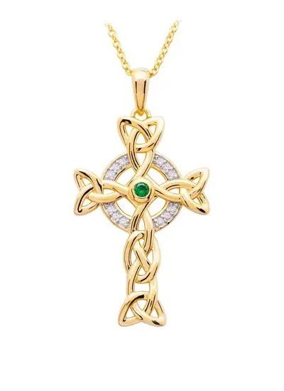14ct Gold Vermeil Celtic Cross Pendant with White 